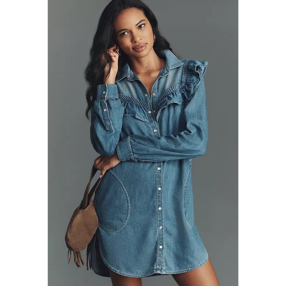 Pilcro Ruffled Denim Mini Shirt Dress Long-Sleeves Women's Size XXS Blue - Picture 4 of 4